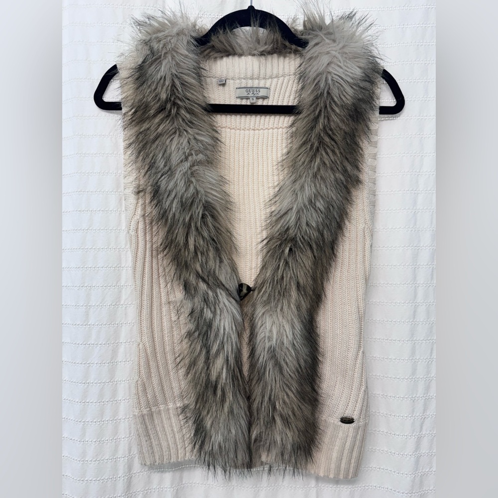 Guess Cream Knit Vest with Gray Faux Fur